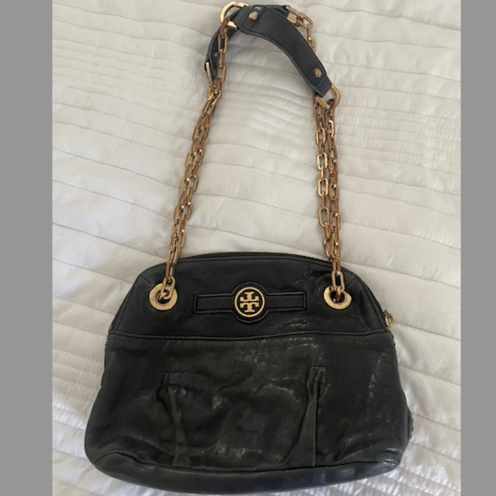 Tory Burch Dena Black Leather Gold Chain Mini Shoulder Handbag
